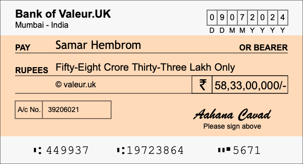 How to write a cheque for 58.33 crore rupees