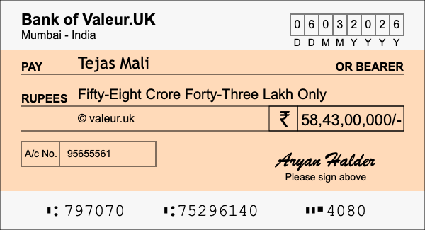 How to write a cheque for 58.43 crore rupees