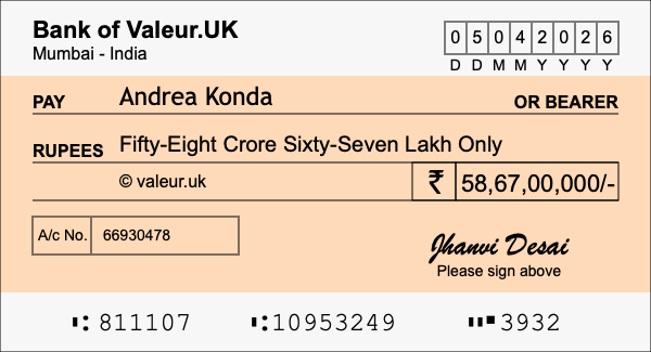 How to write a cheque for 58.67 crore rupees