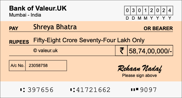 How to write a cheque for 58.74 crore rupees