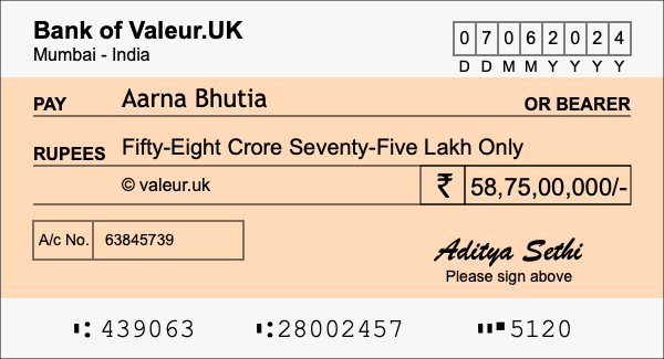 How to write a cheque for 58.75 crore rupees