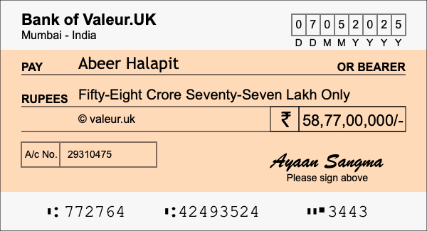 How to write a cheque for 58.77 crore rupees