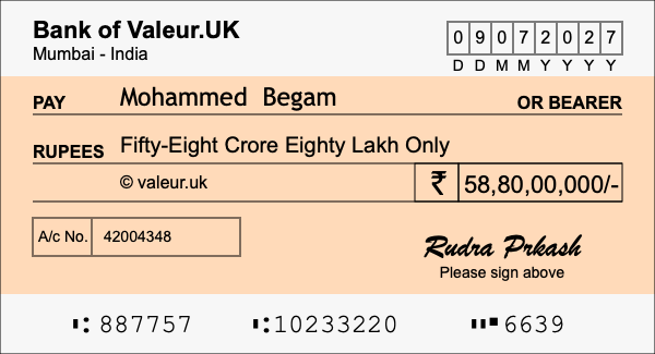 How to write a cheque for 58.8 crore rupees