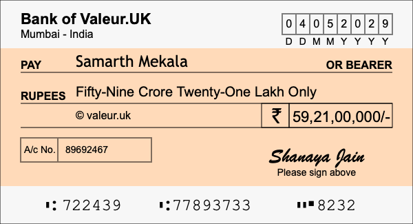 How to write a cheque for 59.21 crore rupees
