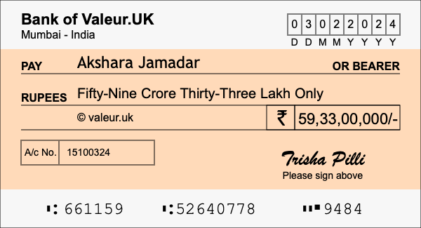 How to write a cheque for 59.33 crore rupees