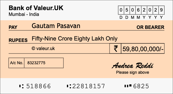 How to write a cheque for 59.8 crore rupees