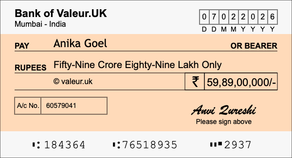 How to write a cheque for 59.89 crore rupees