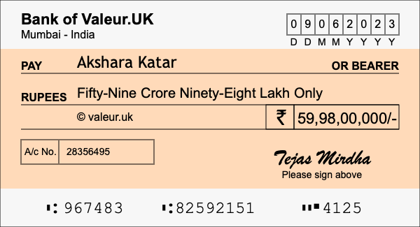 How to write a cheque for 59.98 crore rupees