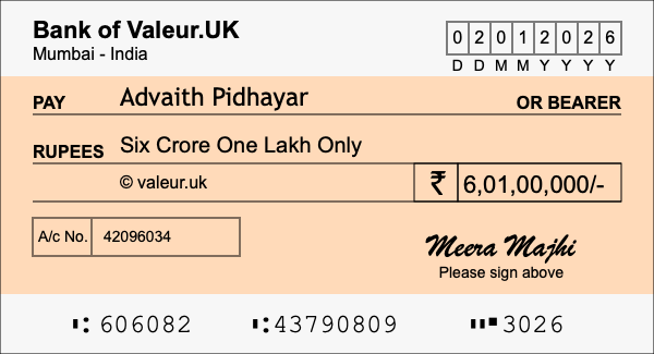 How to write a cheque for 6.01 crore rupees How to write a cheque for 6.01 crore rupees