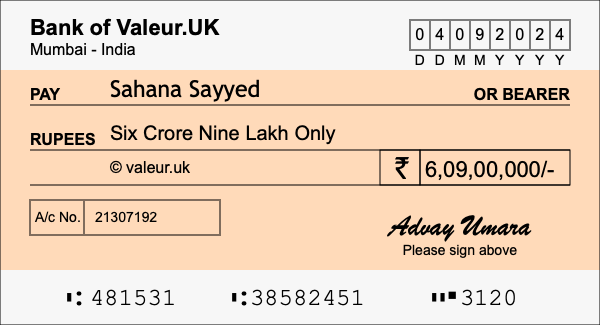 How to write a cheque for 6.09 crore rupees