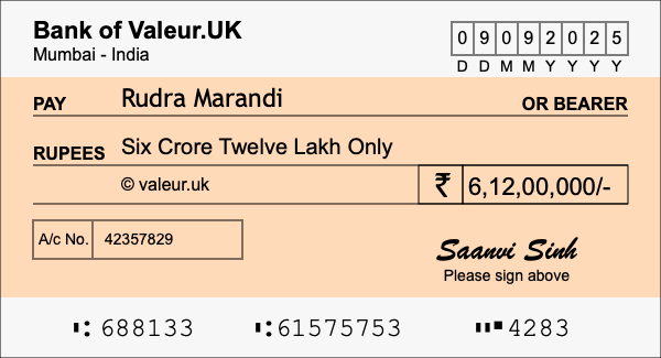 How to write a cheque for 6.12 crore rupees