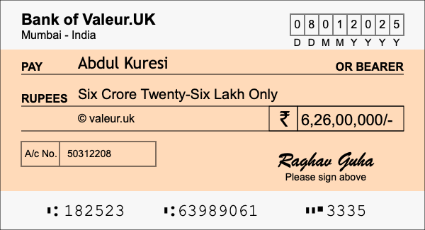 How to write a cheque for 6.26 crore rupees How to write a cheque for 6.26 crore rupees