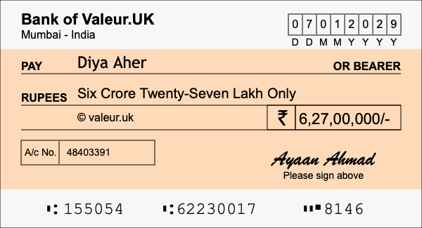 How to write a cheque for 6.27 crore rupees How to write a cheque for 6.27 crore rupees