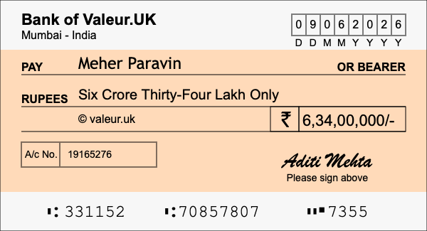 How to write a cheque for 6.34 crore rupees How to write a cheque for 6.34 crore rupees
