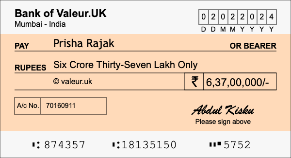 How to write a cheque for 6.37 crore rupees How to write a cheque for 6.37 crore rupees