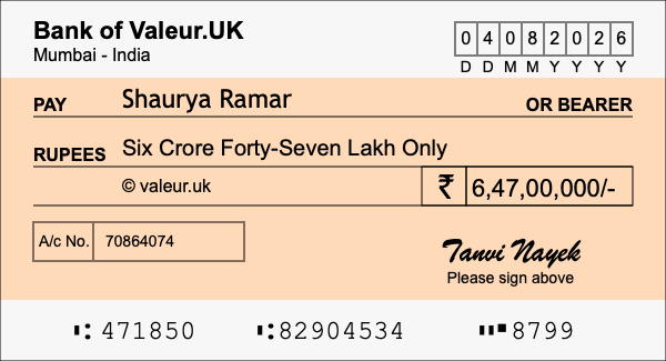 How to write a cheque for 6.47 crore rupees How to write a cheque for 6.47 crore rupees