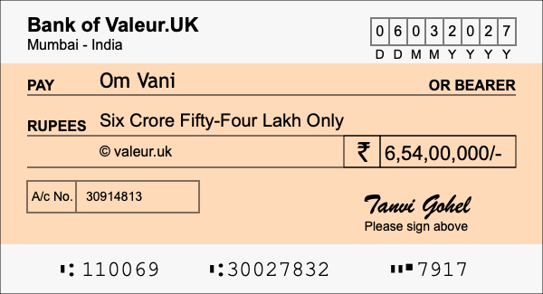 How to write a cheque for 6.54 crore rupees
