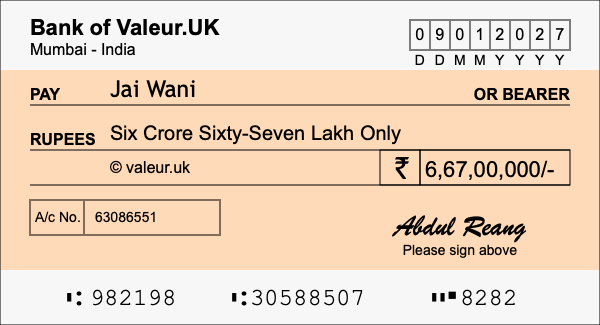 How to write a cheque for 6.67 crore rupees How to write a cheque for 6.67 crore rupees