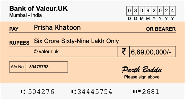 How to write a cheque for 6.69 crore rupees