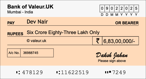 How to write a cheque for 6.83 crore rupees