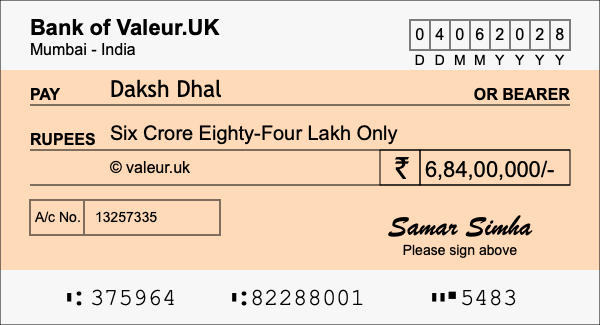 How to write a cheque for 6.84 crore rupees How to write a cheque for 6.84 crore rupees