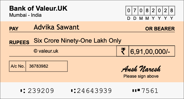 How to write a cheque for 6.91 crore rupees How to write a cheque for 6.91 crore rupees