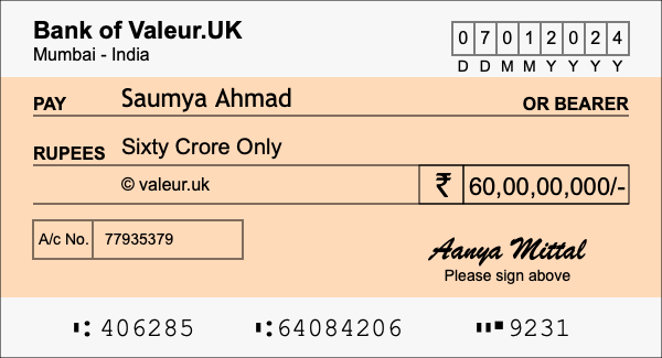How to write a cheque for 60 crore rupees