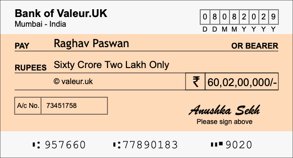 How to write a cheque for 60.02 crore rupees