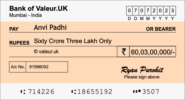 How to write a cheque for 60.03 crore rupees