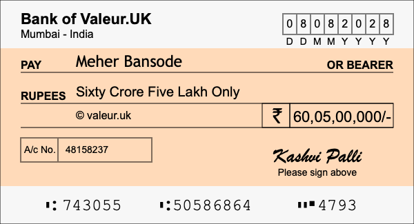 How to write a cheque for 60.05 crore rupees