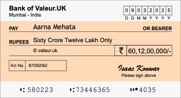 How to write a cheque for 60.12 crore rupees How to write a cheque for 60.12 crore rupees