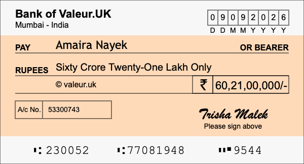 How to write a cheque for 60.21 crore rupees