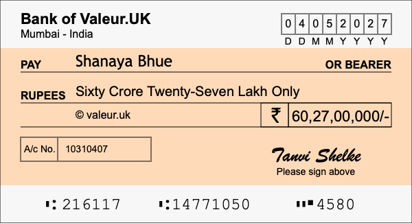 How to write a cheque for 60.27 crore rupees