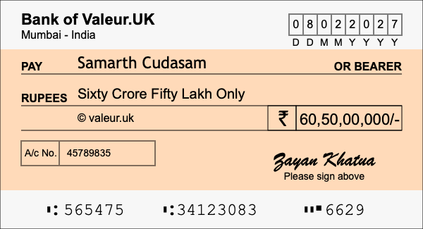 How to write a cheque for 60.5 crore rupees