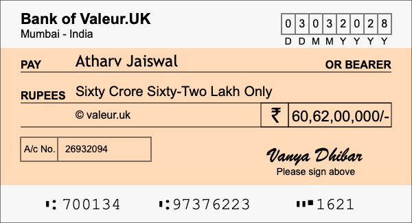 How to write a cheque for 60.62 crore rupees How to write a cheque for 60.62 crore rupees