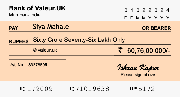 How to write a cheque for 60.76 crore rupees