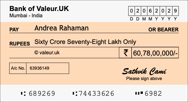 How to write a cheque for 60.78 crore rupees