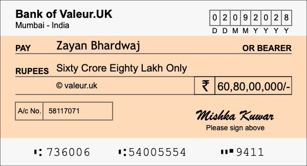 How to write a cheque for 60.8 crore rupees