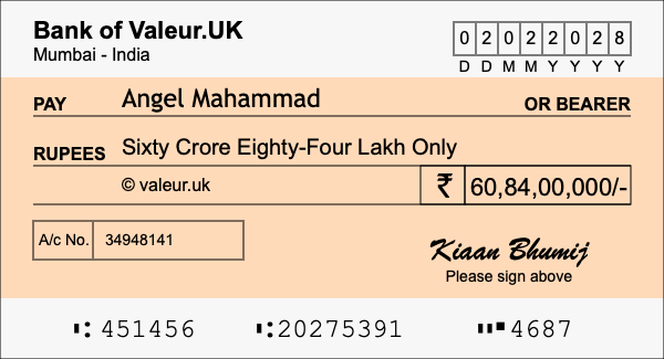 How to write a cheque for 60.84 crore rupees