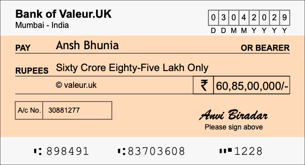 How to write a cheque for 60.85 crore rupees How to write a cheque for 60.85 crore rupees