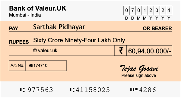 How to write a cheque for 60.94 crore rupees How to write a cheque for 60.94 crore rupees