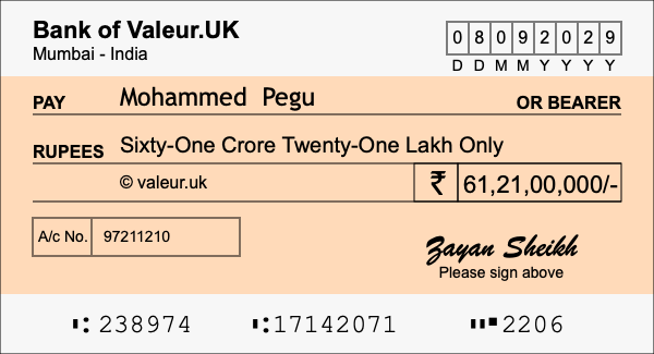 How to write a cheque for 61.21 crore rupees