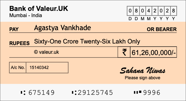 How to write a cheque for 61.26 crore rupees