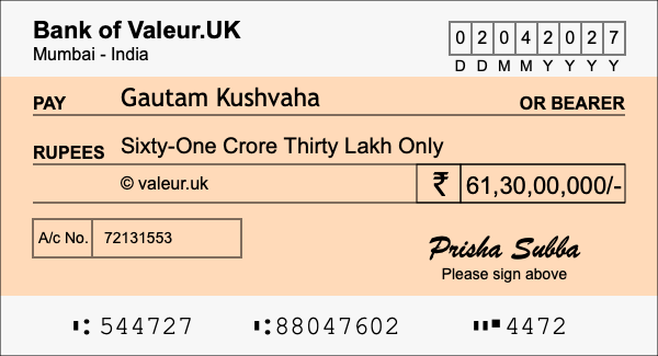 How to write a cheque for 61.3 crore rupees