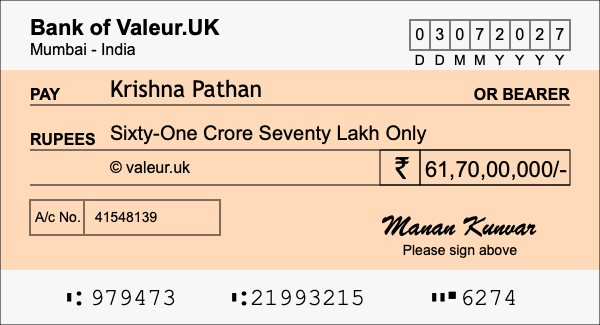 How to write a cheque for 61.7 crore rupees How to write a cheque for 61.7 crore rupees
