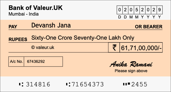 How to write a cheque for 61.71 crore rupees How to write a cheque for 61.71 crore rupees