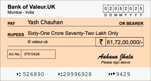 How to write a cheque for 61.72 crore rupees