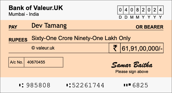 How to write a cheque for 61.91 crore rupees
