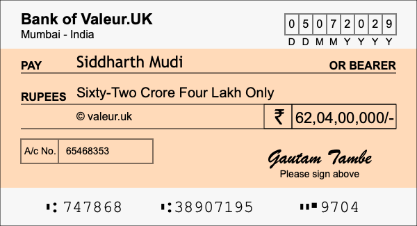 How to write a cheque for 62.04 crore rupees