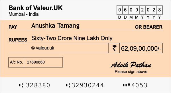 How to write a cheque for 62.09 crore rupees